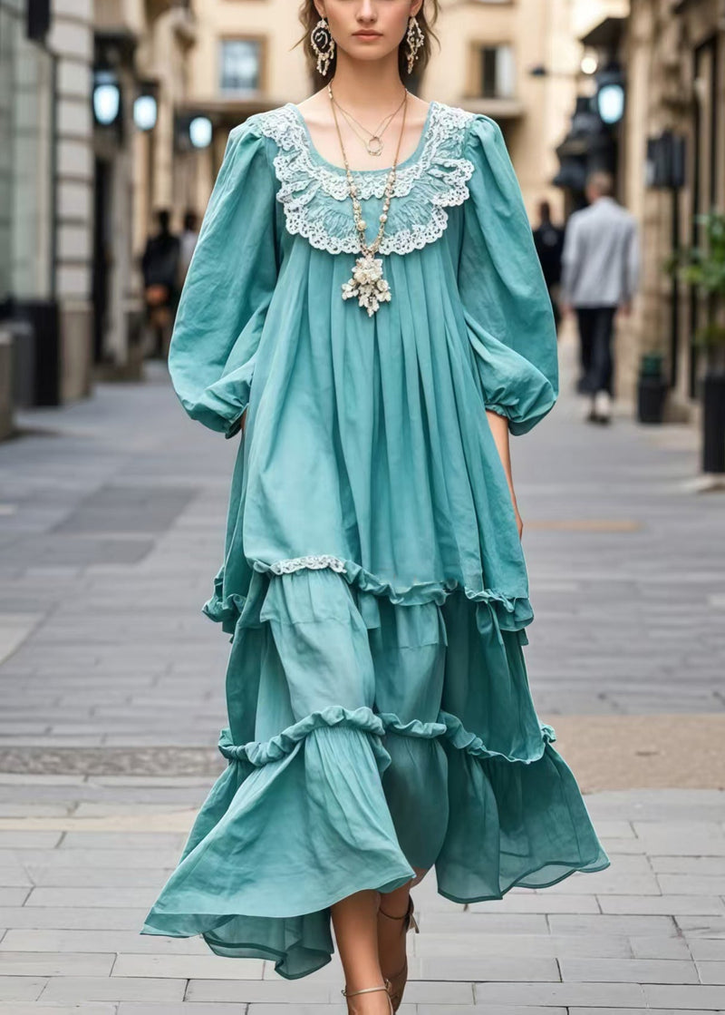 Blue Ruffled Patchwork Lace Dress Bracelet Sleeve