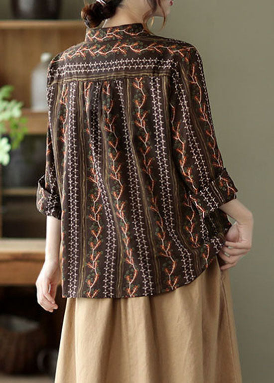 Stylish Chocolate Button Peter Pan Collar Print Shirts Spring