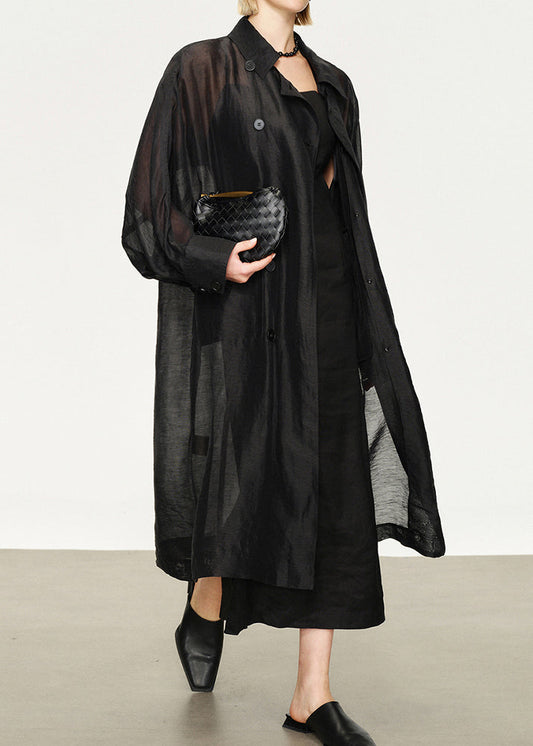 New Black Button Pockets Linen Silk Long Trench Coat Batwing Sleeve
