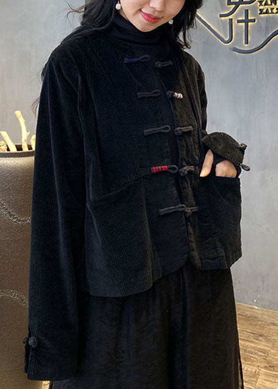 Red Button O-neck Pockets Corduroy Coats Spring