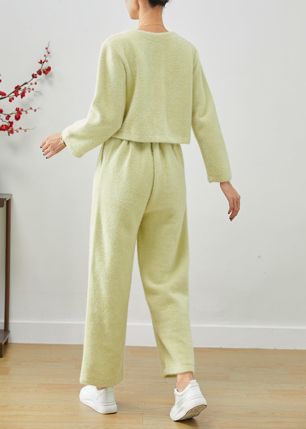 Fluorescent Green Thick Fuzzy Fur Fluffy Two Piece Set Outfits Fall