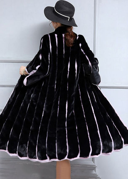 Black Oversized Patchwork Striped Faux Fur Coats Winter
