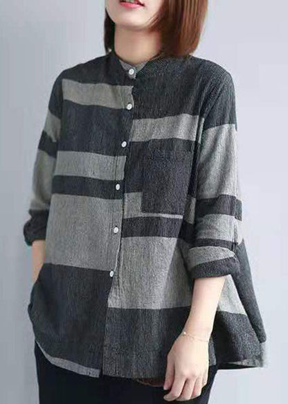 Stylish Black Grey Stand Collar Pocket Button Striped Shirts Spring