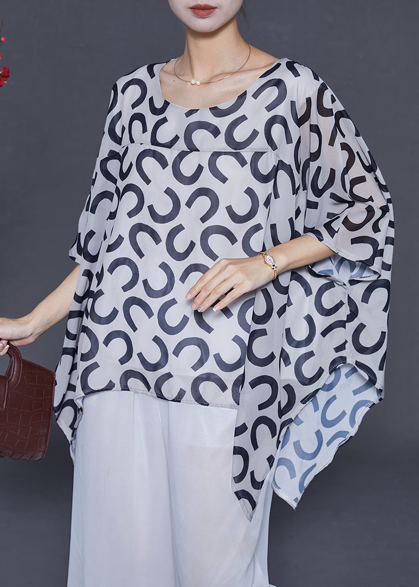 White Oversized Print Chiffon Tank Tops Batwing Sleeve