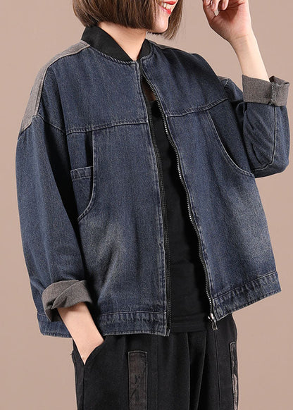 Blue Denim Zippered Pockets Fall Coat Long Sleeve