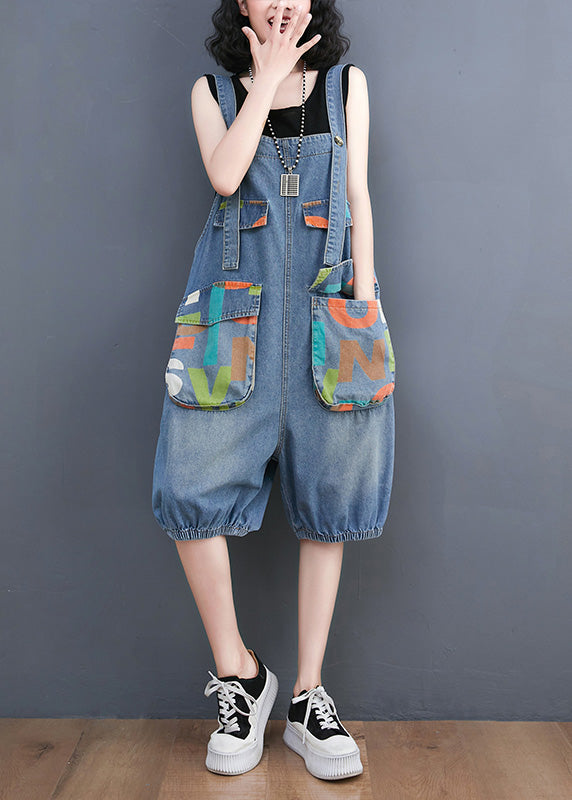 Light Blue Slash Neck Print Button Denim Jumpsuit Summer
