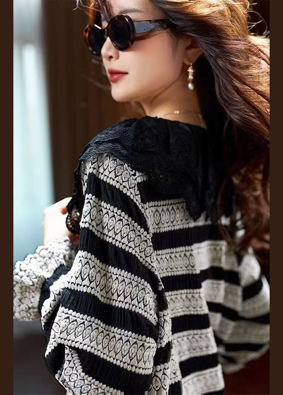 Black Striped Lace Patchwork Knit Blouse Tops Spring