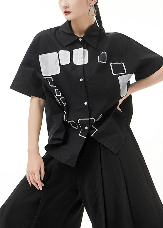 Black Peter Pan Collar Print Shirt Tops Short Sleeve
