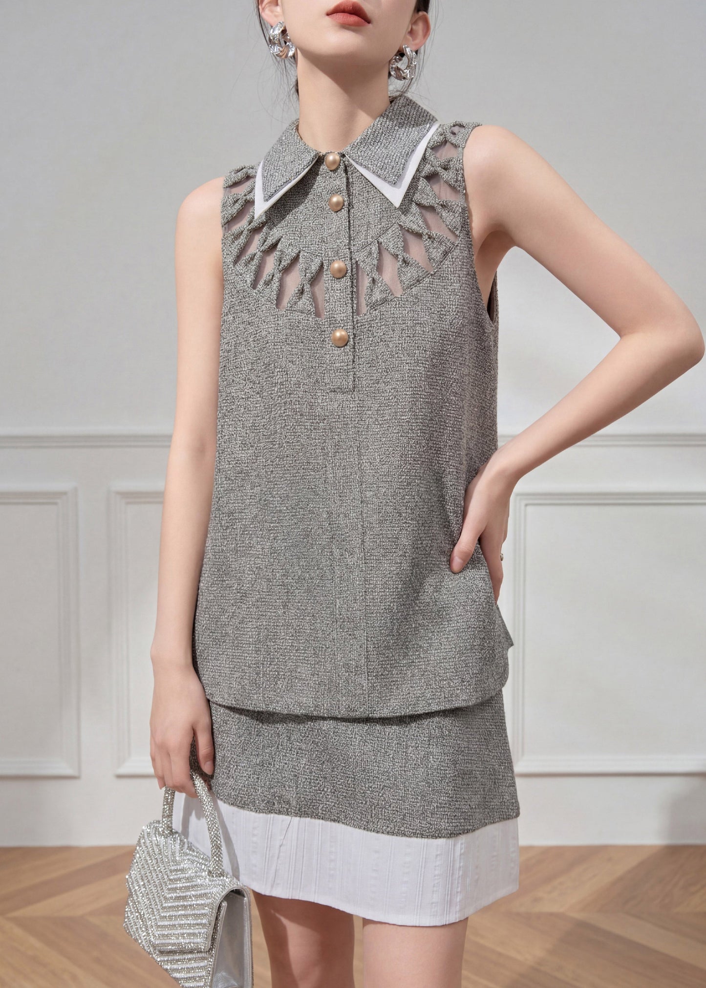 Art Grey Peter Pan Collar Hollow Out Top and Skirts Two Pieces Set Summer