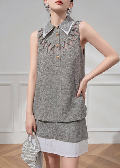Art Grey Peter Pan Collar Hollow Out Top and Skirts Two Pieces Set Summer