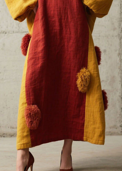 Red Patchwork Cotton Maxi Dress Oversized Fuzzy Ball Decorated Fall