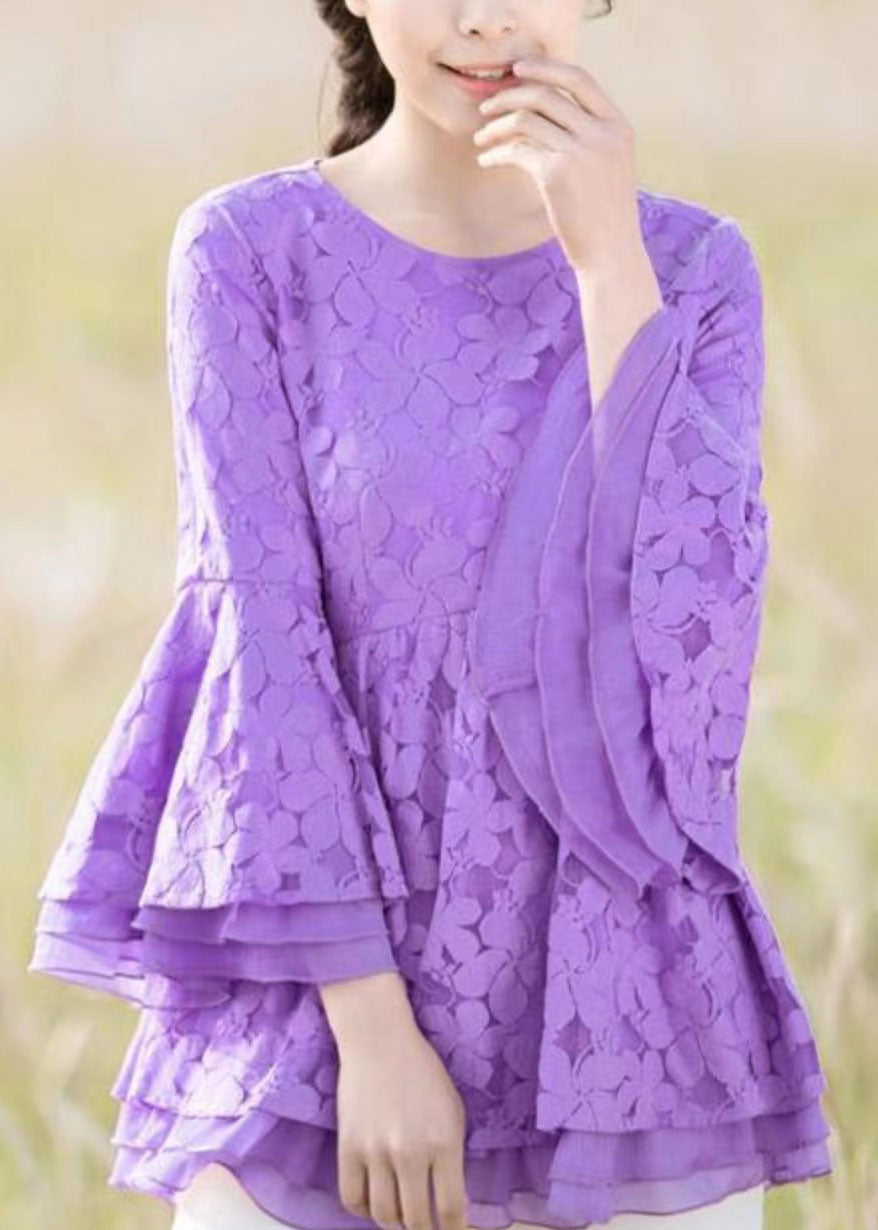 Purple O Neck Lace Ruffled Top Bracelet Sleeve