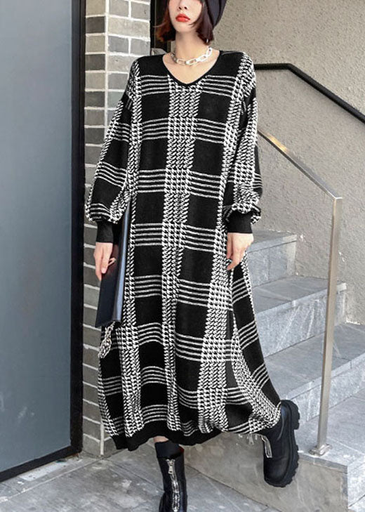 White Plaid Fall Knitted Dress