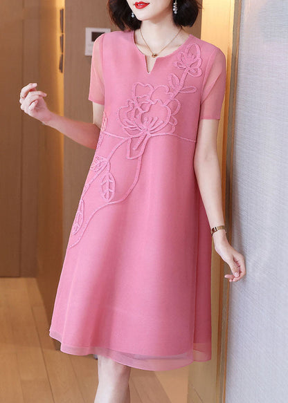 Diy Pink V Neck Embroideried Nail Bead Tulle Mid Dresses Short Sleev