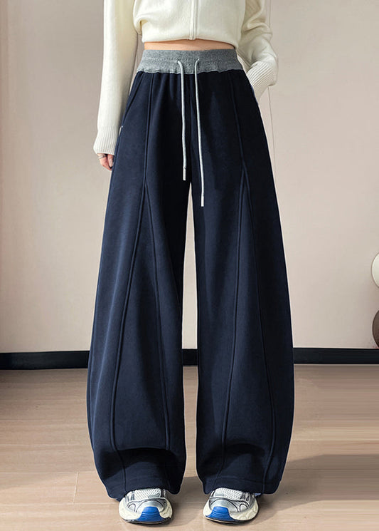 Navy Patchwork Warm Fleece Wide Leg Pants Oversized Winter