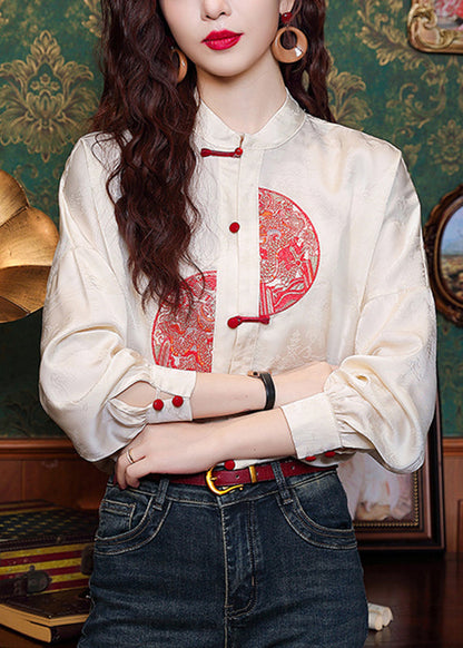 Handmade Apricot Stand Collar Button Silk Shirts Spring