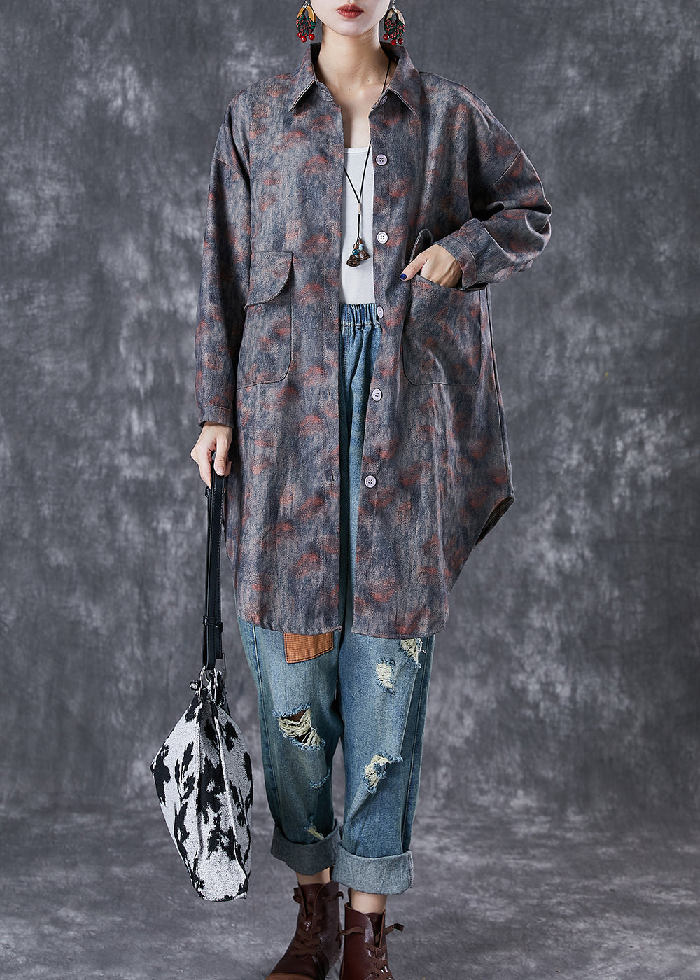 Grey Oversized Tie Dye Pockets Cotton Jackets Fall