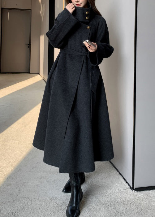 Rose Stand Collar Tie Waist Woolen Trench Coats Winter