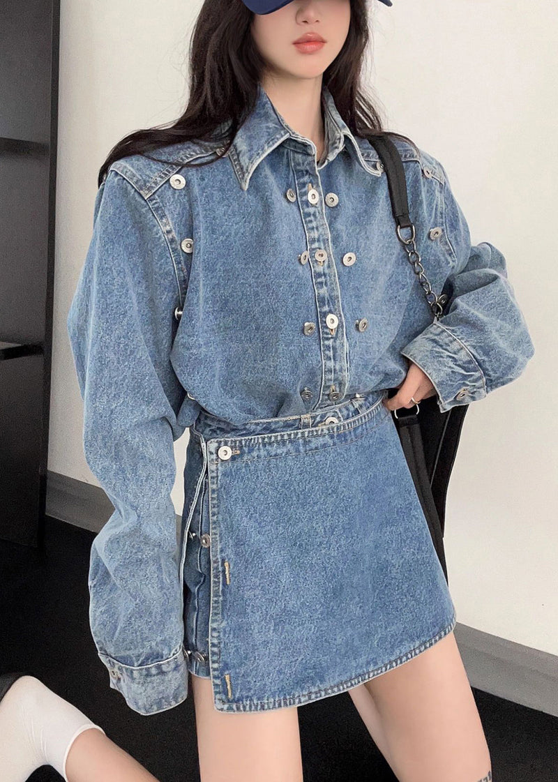 French Blue Peter Pan Collar Button Denim Two-piece Set Fall