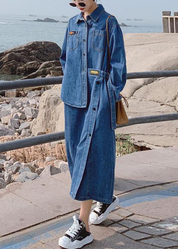 Loose Blue Pockets Button Asymmetrical Design Fall Denim Long Sleeve Long Dress