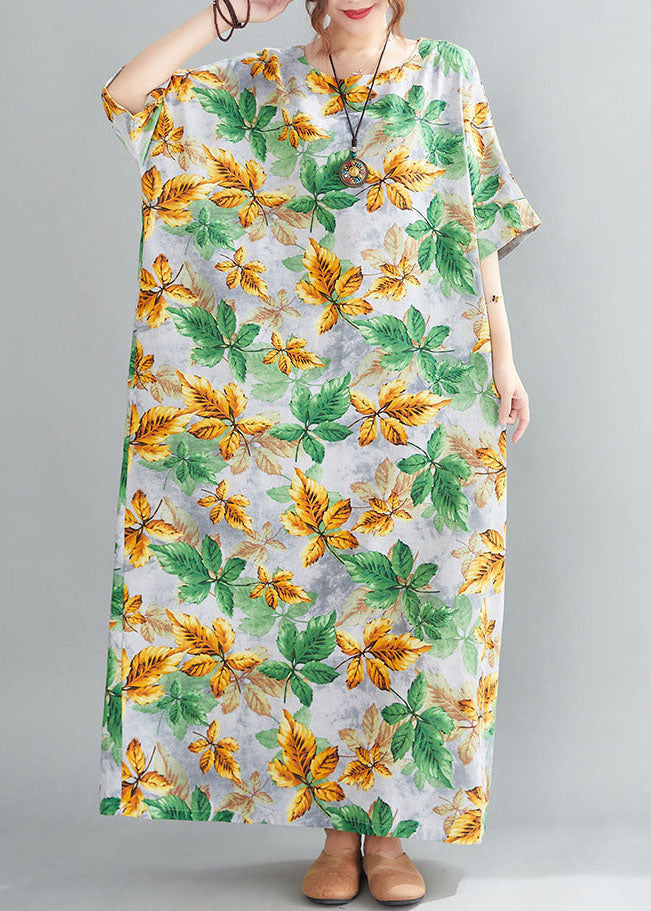 Yellow Green O-neck Leaf Print Cotton Long Dress Short Sleeve