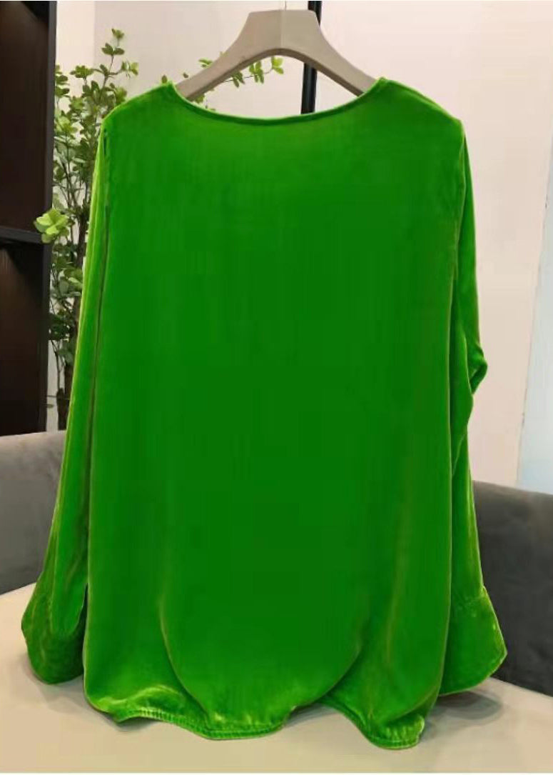 Green O-neck Cinched Velour Tops Long Sleeve