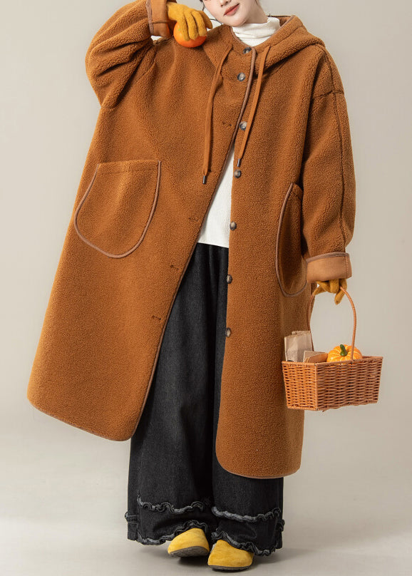Orange Hooded Button Pockets Teddy Faux Fur Coats Winter