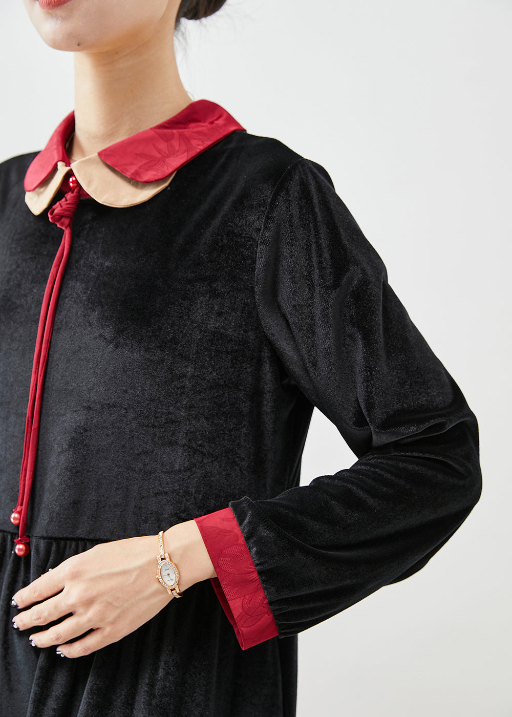 Black Double-layer Tasseled Silk Velour Dress Fall