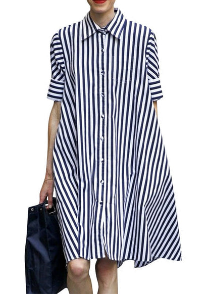 Blue Peter Pan Collar Striped Cotton Shirt Dress Short Sleeve
