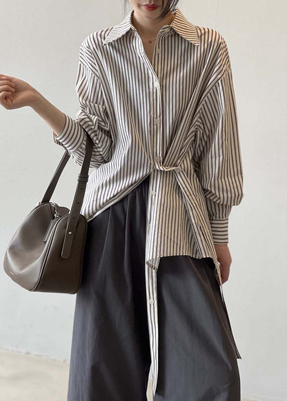 French Peter Pan Collar Striped Button Cotton Shirt Fall