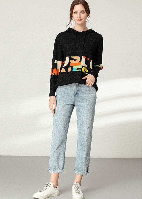 Black Hooded Patchwork Print Top