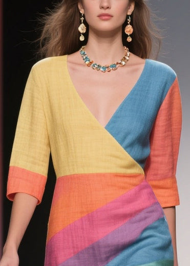 Colorblock Asymmetrical Side Open Linen Silk Dress Half Sleeve