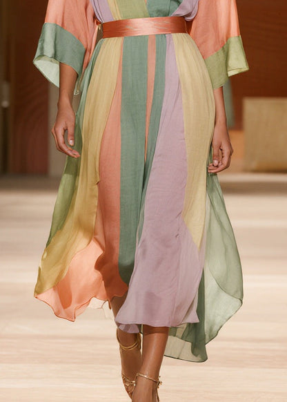 Colorblock Striped Draping Silk Cotton Tunic Dresses Summer