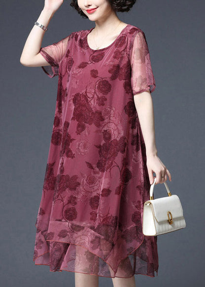 Red O-neck Print Tulle Vacation Dress Short Sleeve