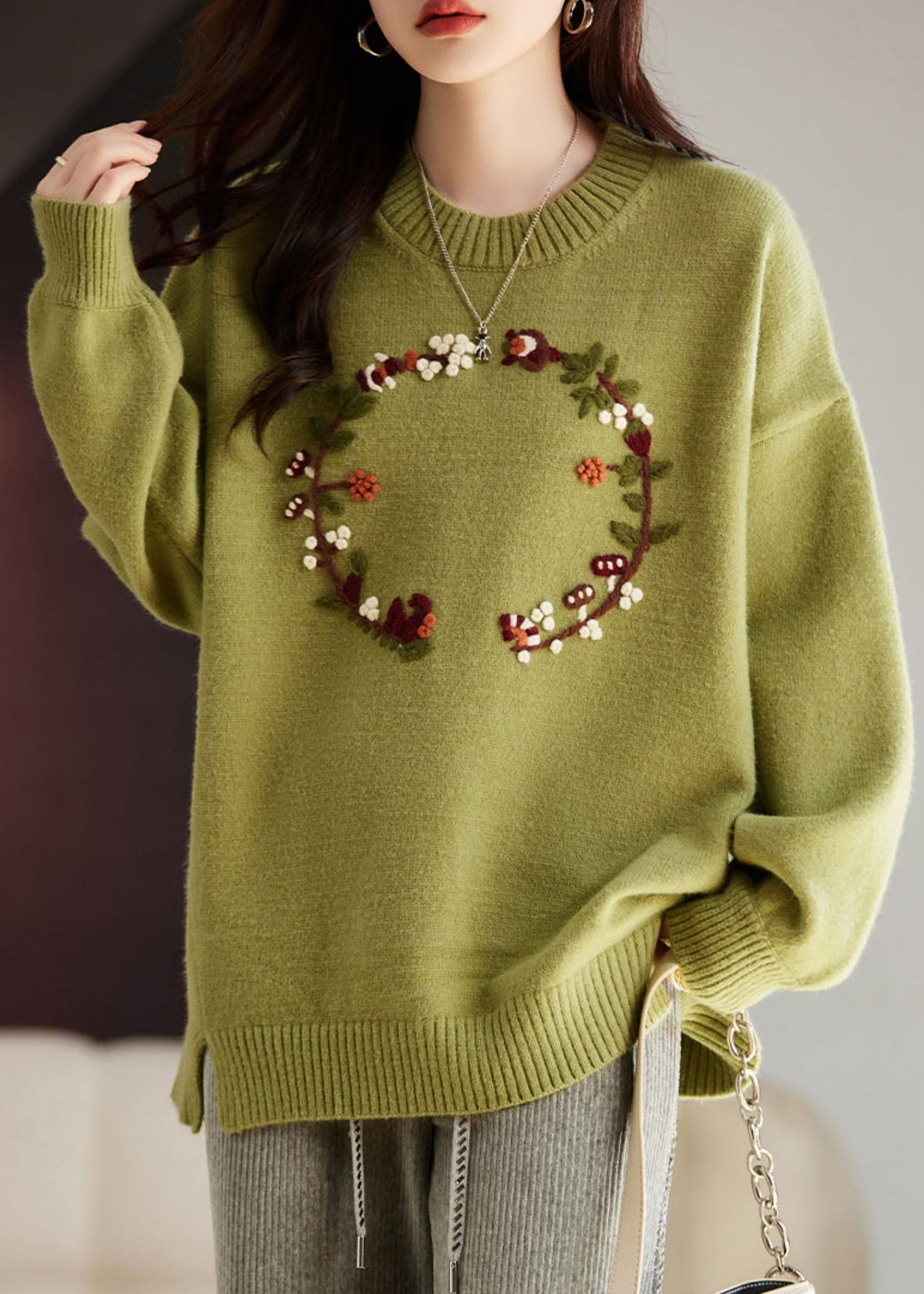 Art Grass Green Embroideried Thick Knit Sweater Tops Winter