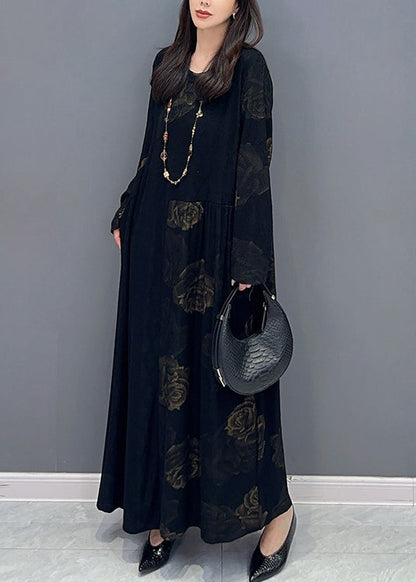 Fine Black O Neck Patchwork Cotton Long Dress Fall