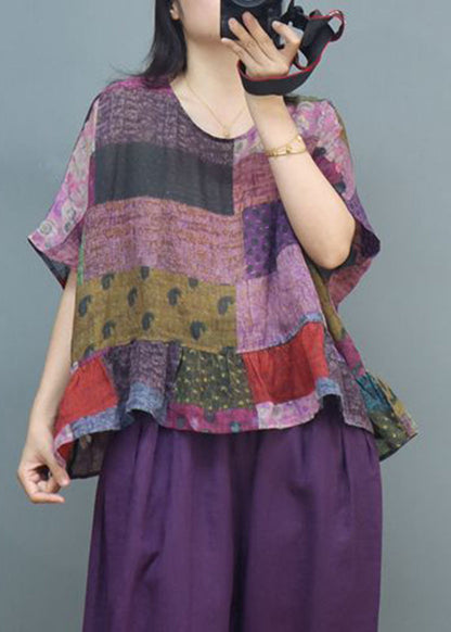 Purple Print Linen Top Short Sleeve