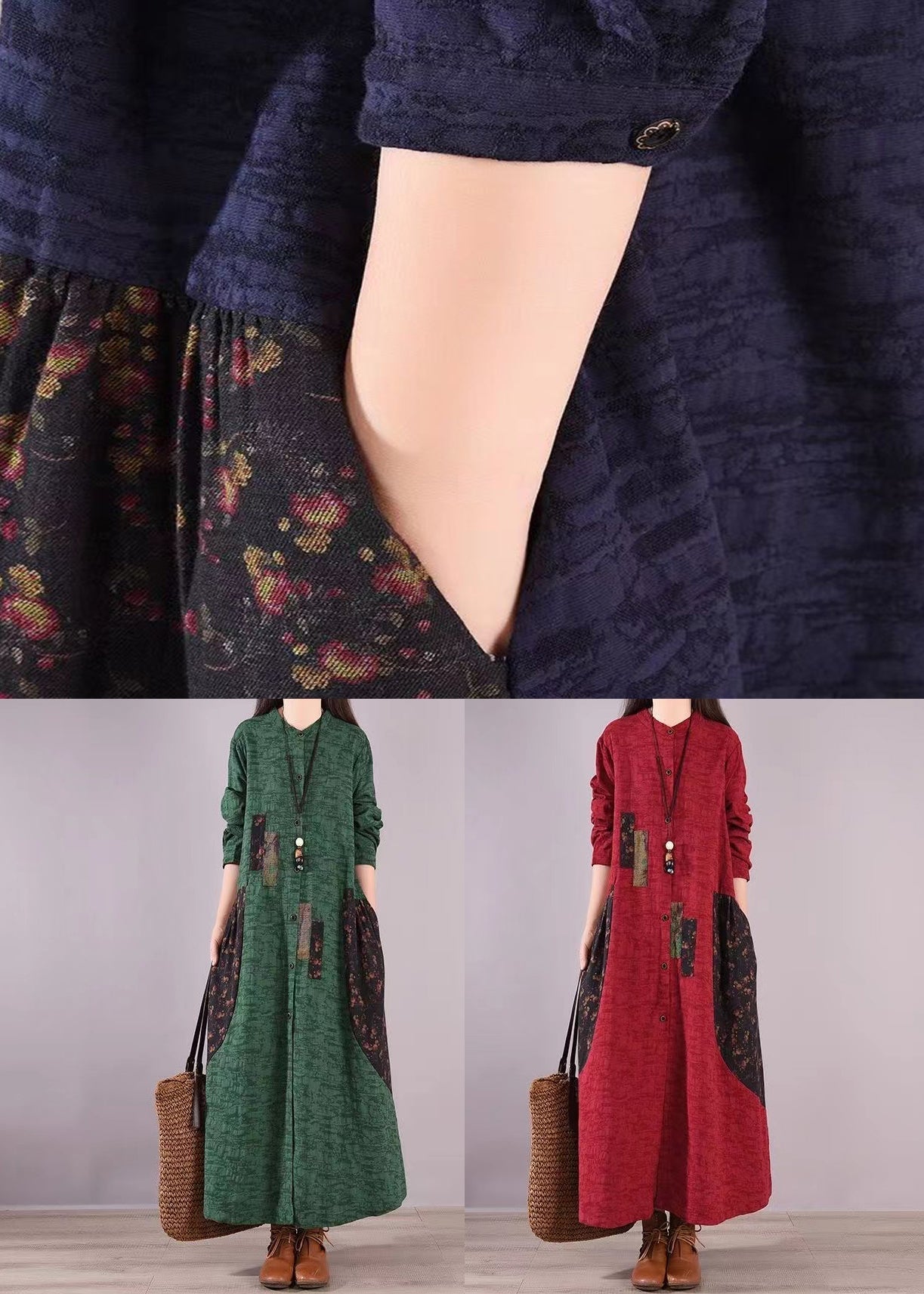 Green Stand Collar Print Patchwork Cotton Shirts Dresses Fall