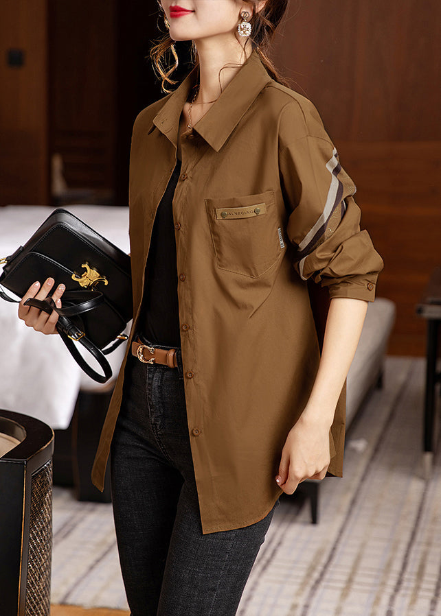 Coffee Peter Pan Collar Button Patchwork Cotton Shirt Fall