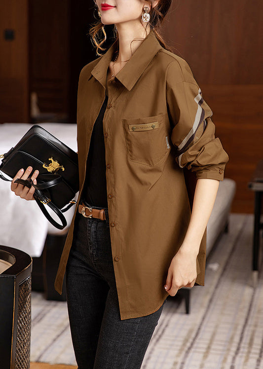 Coffee Peter Pan Collar Button Patchwork Cotton Shirt Fall