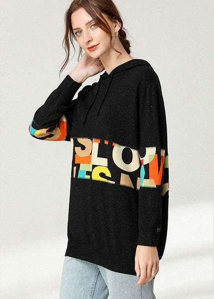 Black Hooded Patchwork Print Top