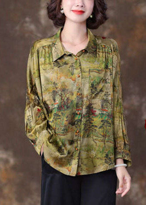 Green Peter Pan Collar Patchwork Print Silk Blouse Top Spring