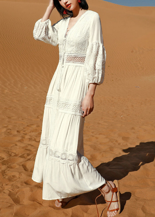 White Lace Hollow Out Long Dress Puff Sleeve
