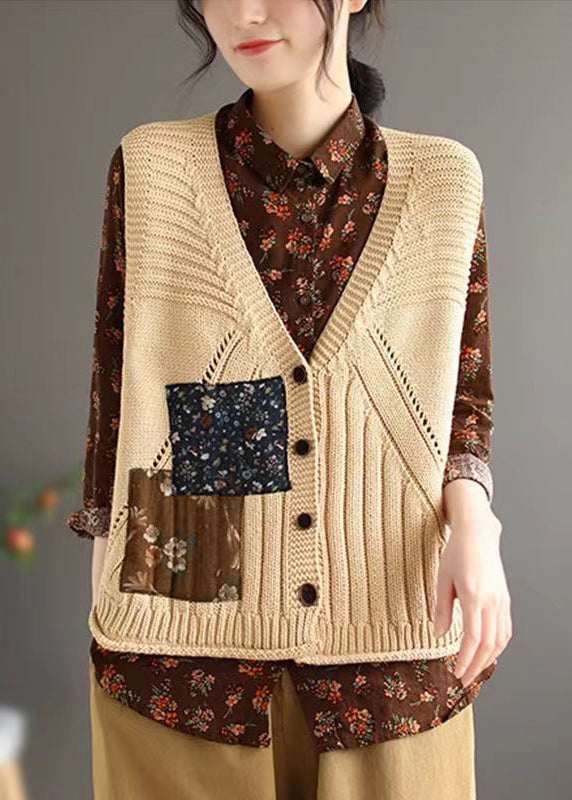 Orange Button Patchwork Cozy Cotton Knit Waistcoat Sleeveless