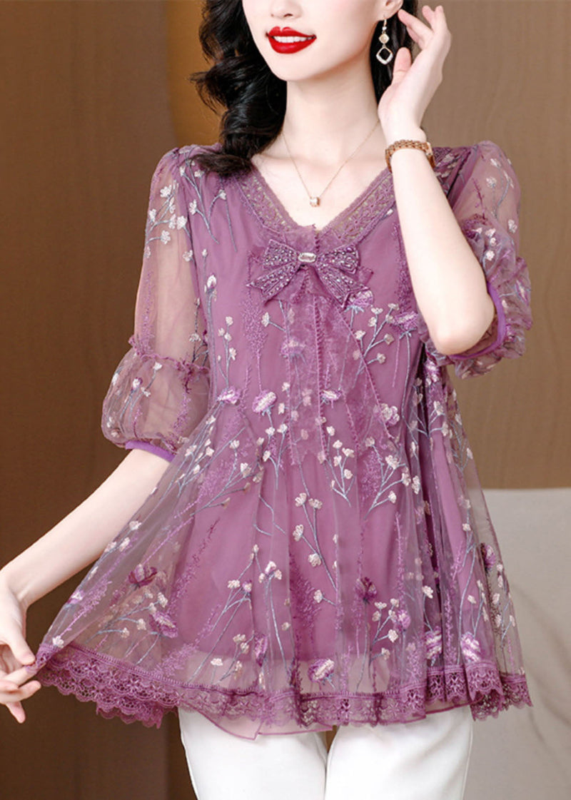Purple V Neck Embroideried Bow Lace Top Summer