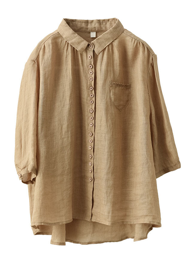 Khaki Button Pockets Linen Shirt Tops Half Sleeve