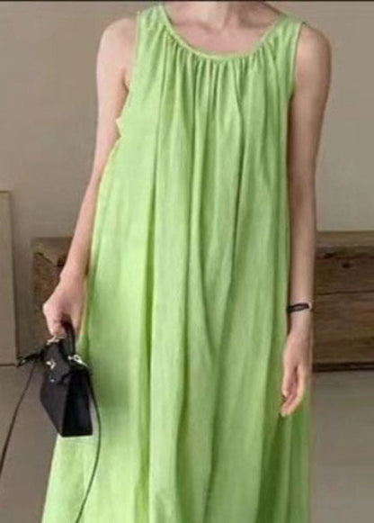 Green O Neck Patchwork Wrinkled Cotton Dress Sleeveless