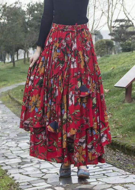 Classy Red Ruffled Patchwork Tie Waist a Line Skirt
