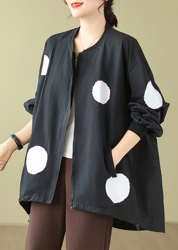 Black Dot Zip Up Drawstring Cotton Coat Long Sleeve