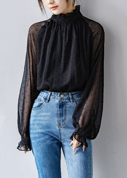 Black Ruffled Dot Thin Chiffon Shirts Fall